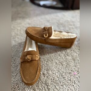 Cole Haan Women’s Evelyn Bow Driver Brown Suede Loafers with Gold Accent